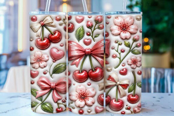 3D Inflated Cherry Bow Tumbler Wrap PNG: A Sweet Addition to Your Drinkware Designs