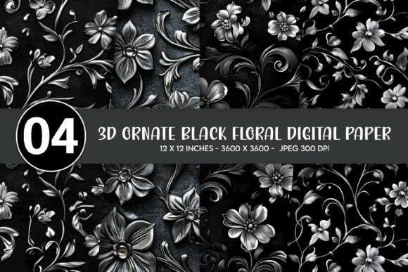 3D Ornate Black Floral Digital Paper
